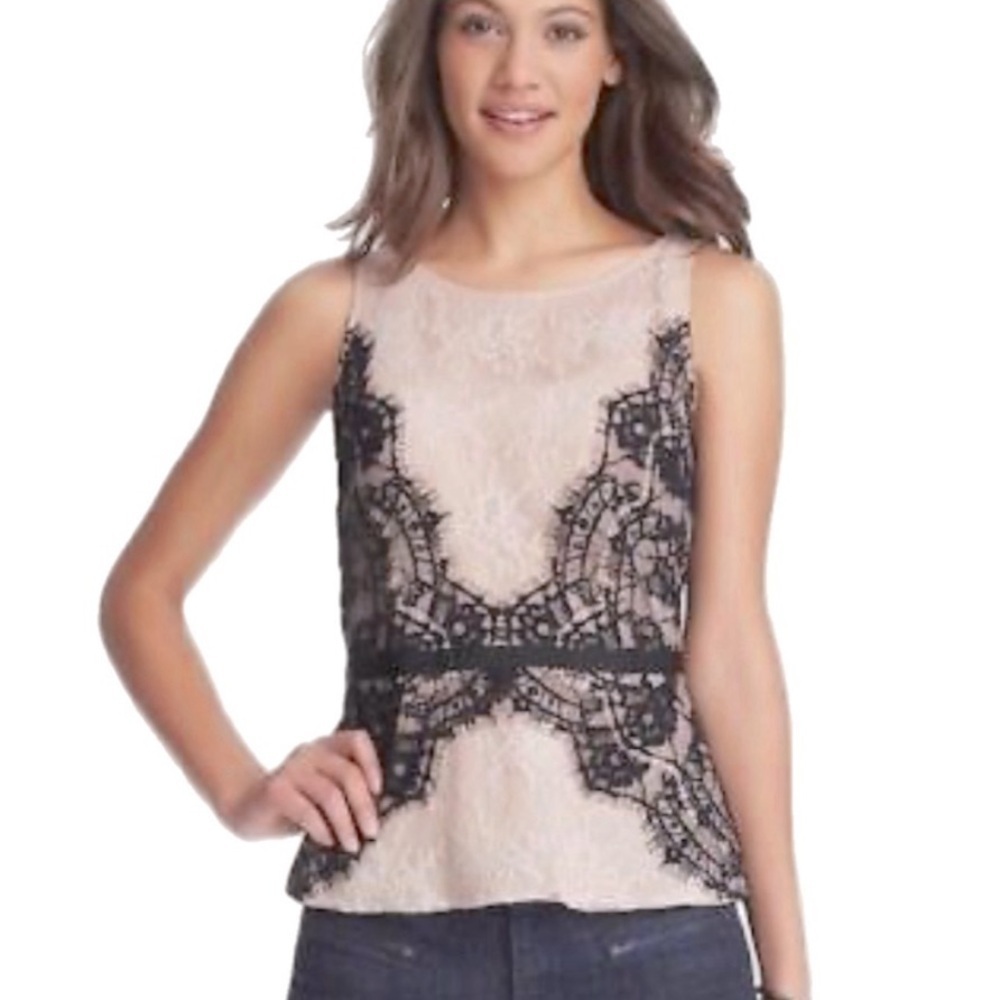 NWOT Ann Taylor LOFT Petites Nude & Black Eyelash Lace Ribbon Tie Peplum Top 4P